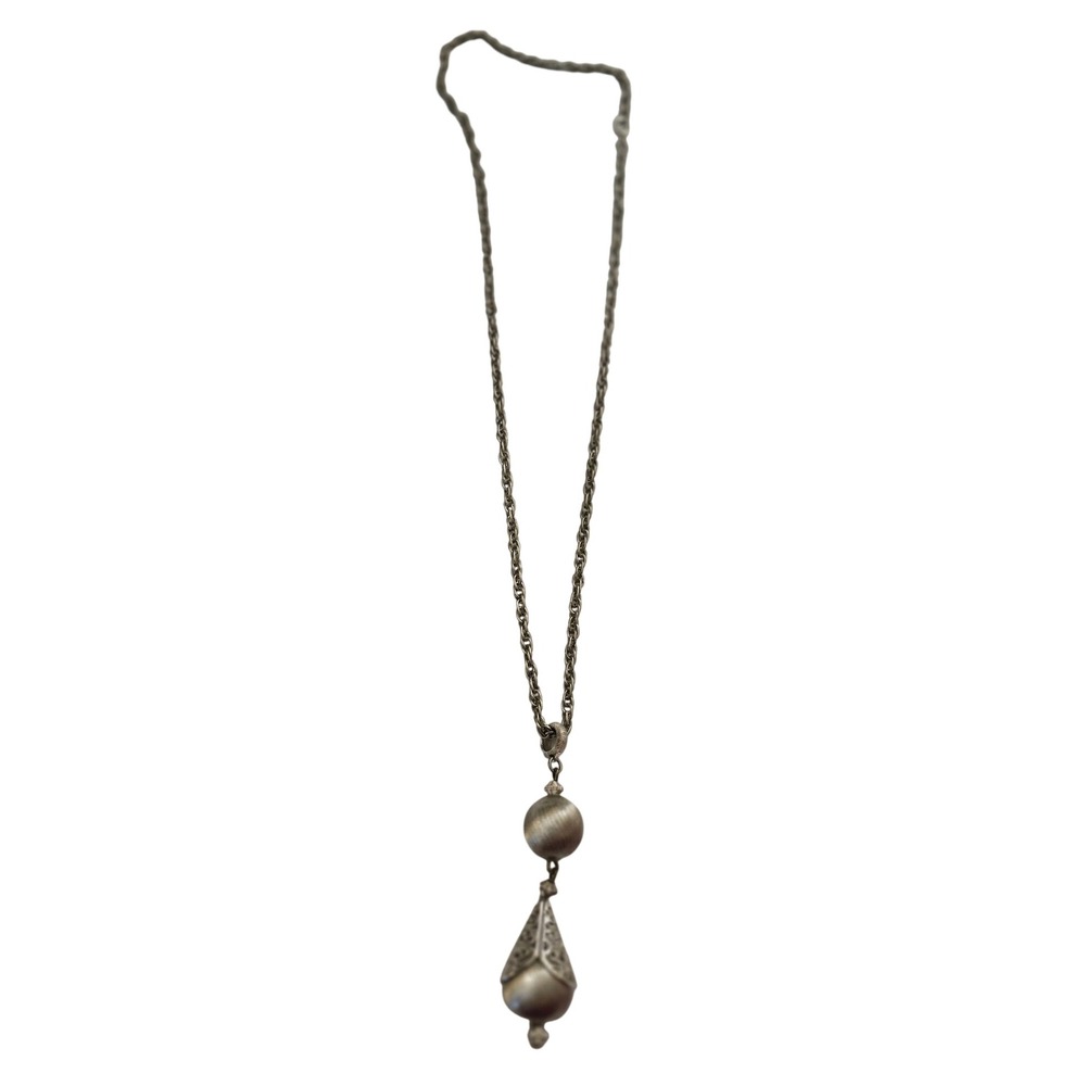 Vintage Silver Tone Filigree Teardrop Orb Pendant Necklace Mid Century Modern